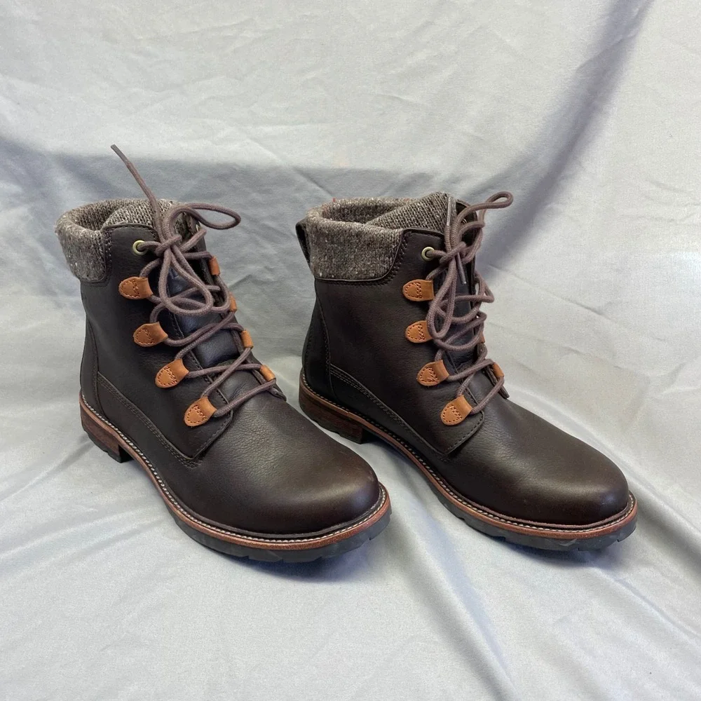 LL Bean Stonington Boots Women 8.5 Dark Brown Leather Sweater Fleece Knit TEK2.5